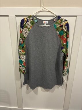 LuLaRoe Gray Randy Top with Multicolor Floral Sleeves